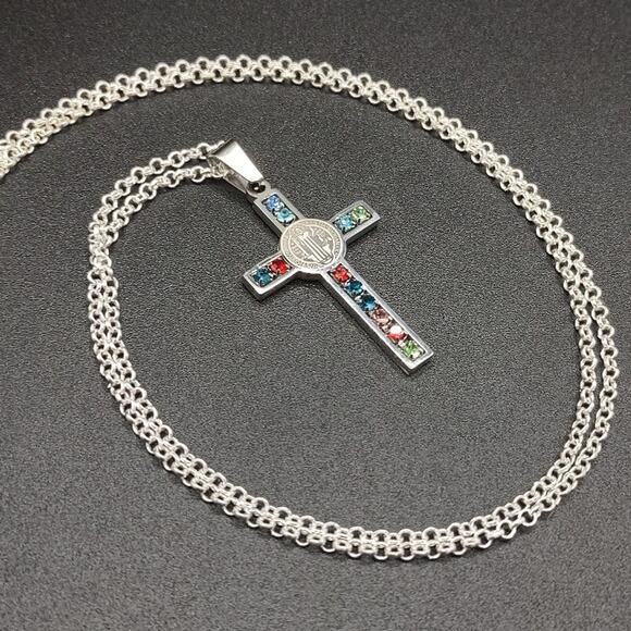 925 Silver Necklace W/ Jesus Cross Multicolor Gemstones Anniversary Birthday NEW